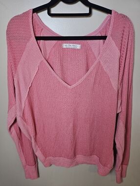 We The Free People Coral Vneck Waffle Knit Thermal Henley Long Sleeve Top Small